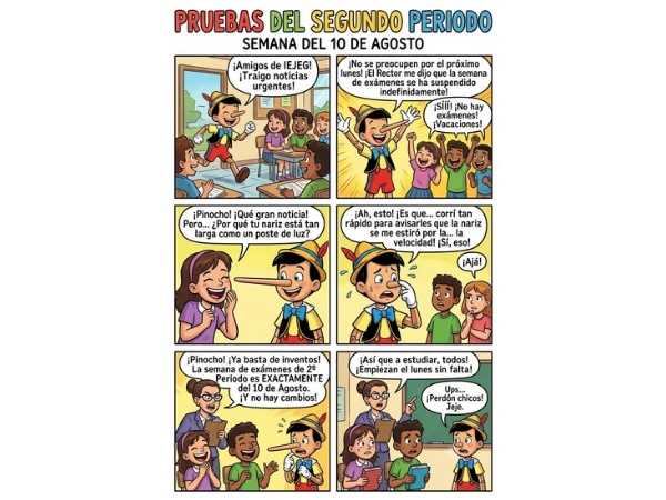 Pinocho quiso alegrar a todos con una noticia falsa sobre las pruebas, pero al final la verdad salió a la luz. No dejes que los rumores te distraigan, organiza tu tiempo, estudia con dedicación y enfrenta los exámenes con confianza. Mucho éxito